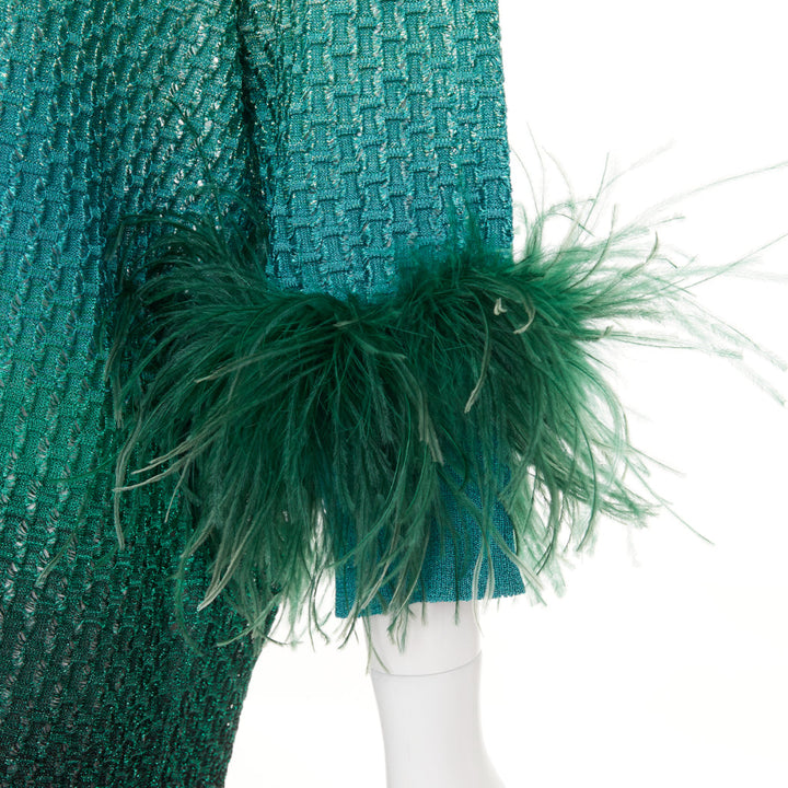 VALENTINO 2023 green grey lurex ombre ostrich feather trim knitted tunic top XS