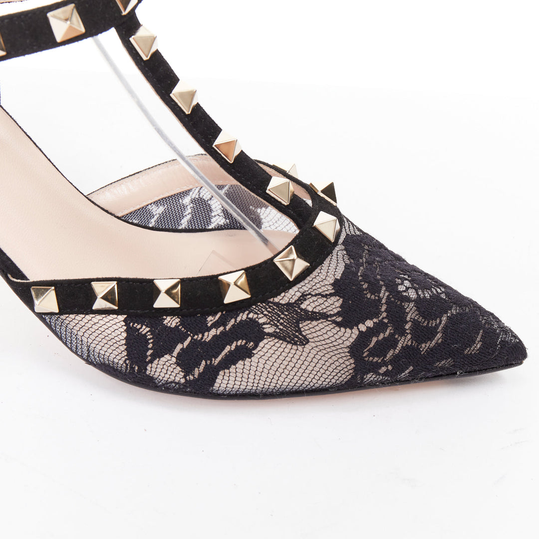 VALENTINO Rockstud black lace mesh suede gold stud pointy cage pumps EU37