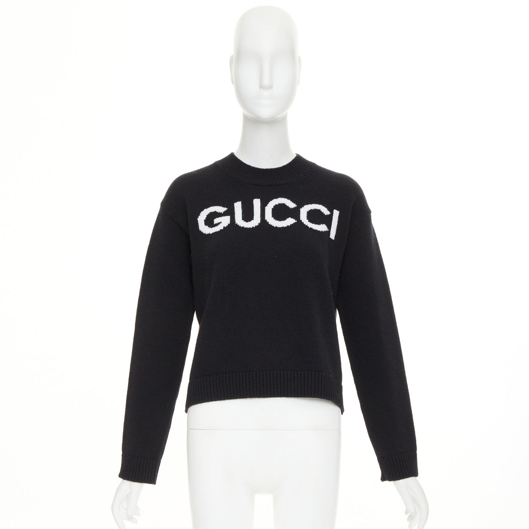 GUCCI black white wool block logo intarsia crew neck pullover sweater S