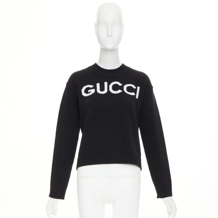 GUCCI black white wool block logo intarsia crew neck pullover sweater S