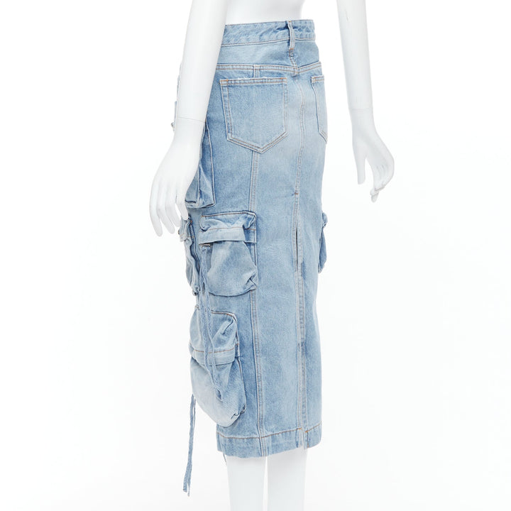 THE ATTICO blue washed denim multi pocket cargo midi skirt 24"