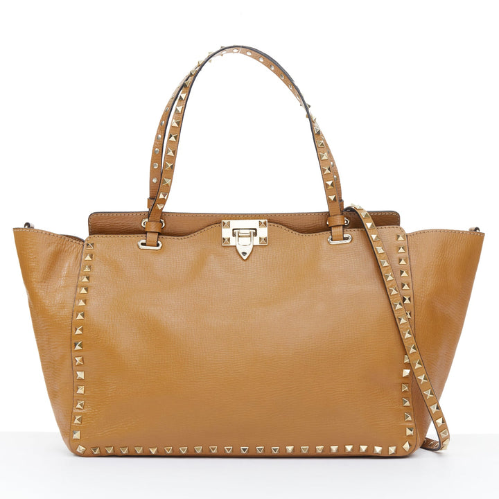 VALENTINO Rockstud Medium brown pebbled calfskin leather trapeze satchel bag