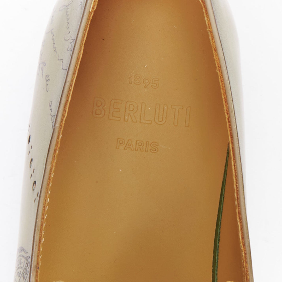 BERLUTI Cursive Galet Scritto green smooth leather script patina loafer UK8 EU42