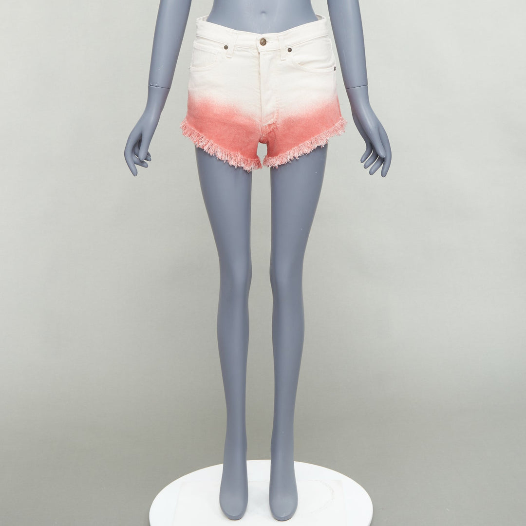 ALANUI 2024 Papaya pink ombre dip dye cream frayed denim shorts 25"