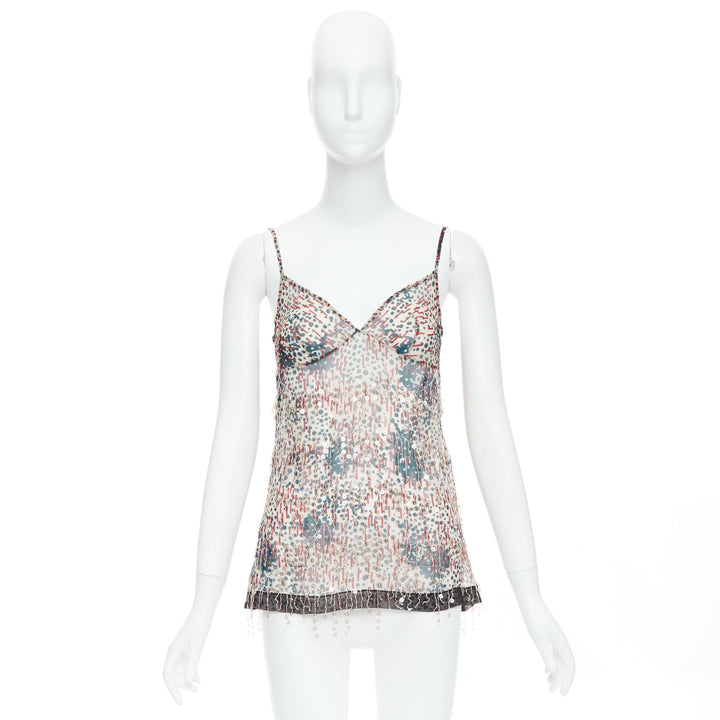 CHANEL 02A beige red sequin fringe applique sheer camisole FR38 M