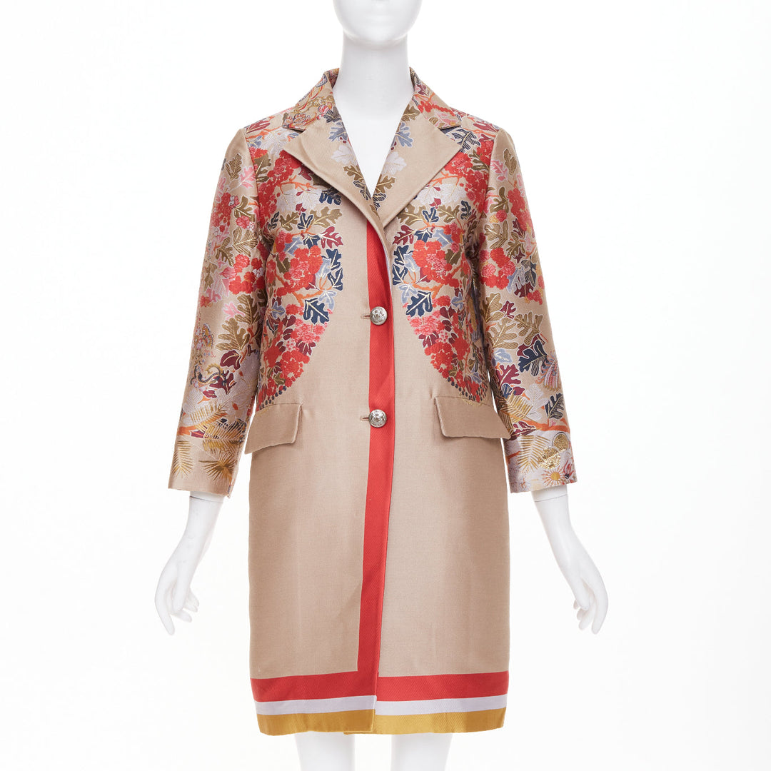 ETRO taupe red placed floral cotton blend jacquard overcoat IT42 M