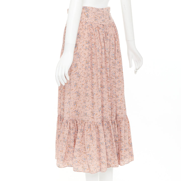 CELINE 100% silk pink blue prairie floral print midi skirt FR38 M