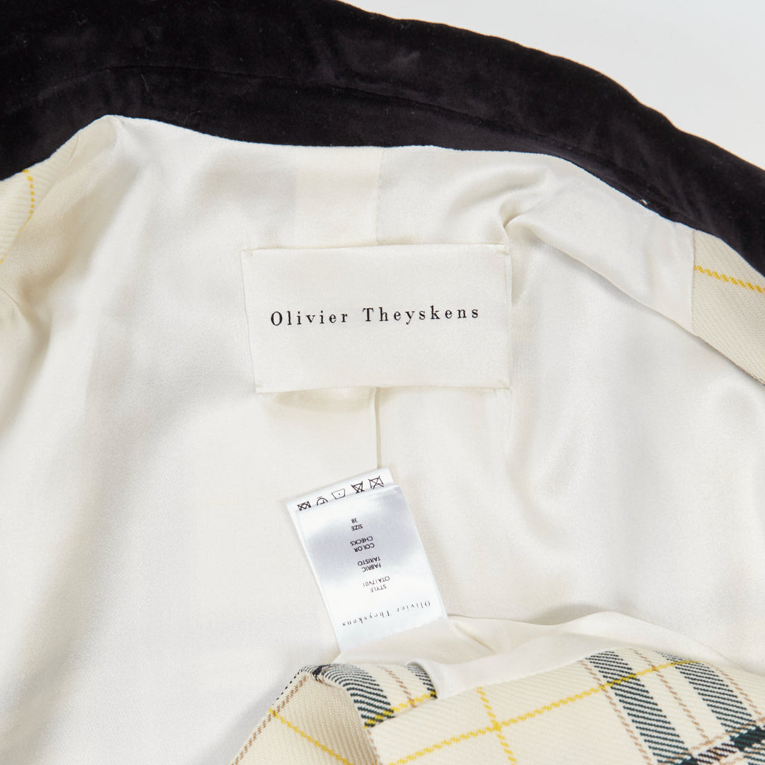 OLIVIER THEYSKENS cream green plaid check velvet collar fitted jacket IT38 XS