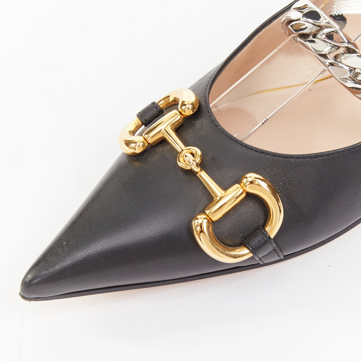 GUCCI 2020 Deva black leather horsebit chain strap pointed ballet flats EU38