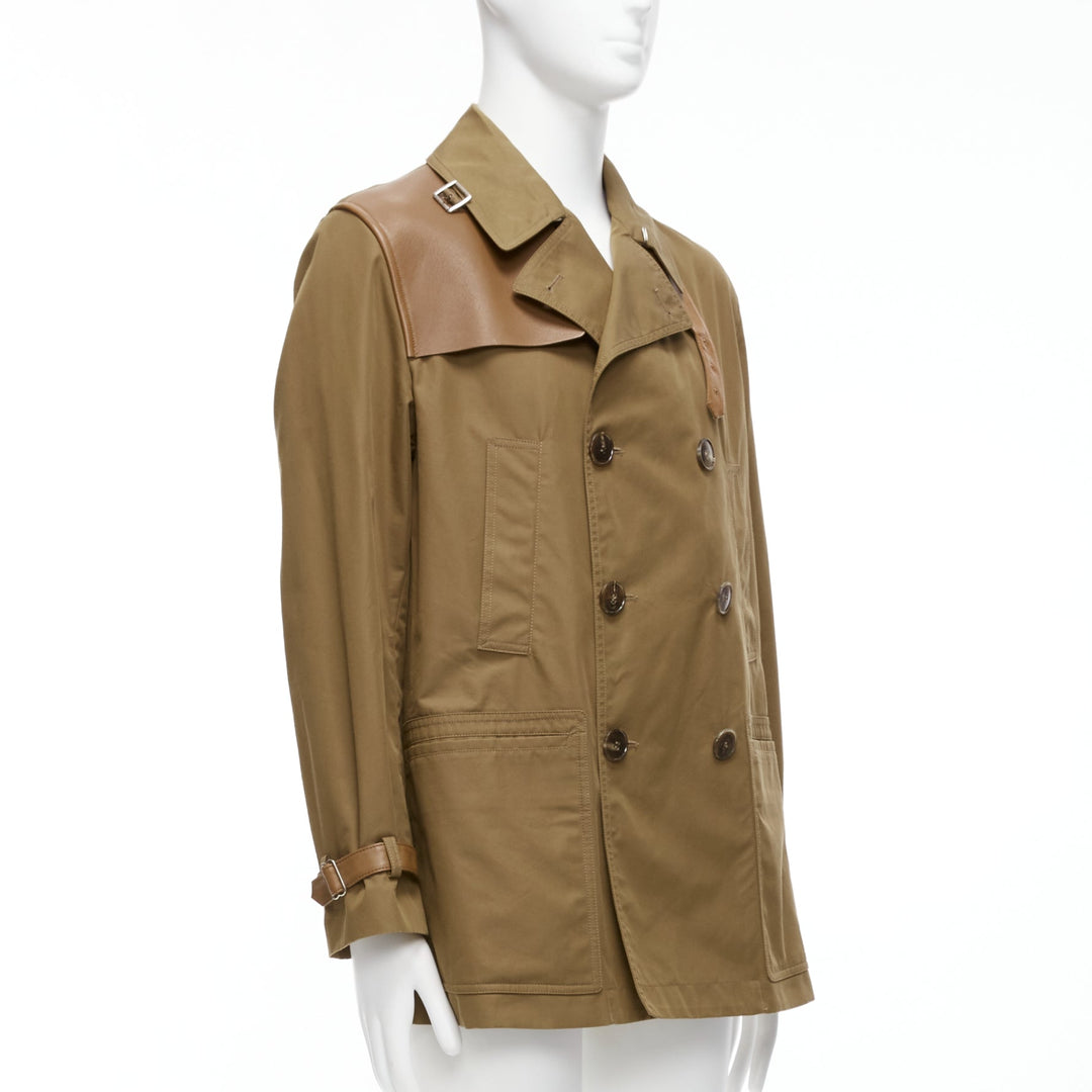 GUCCI Vintage brown leather trimmed cotton wool blend lined trench coat IT48 M