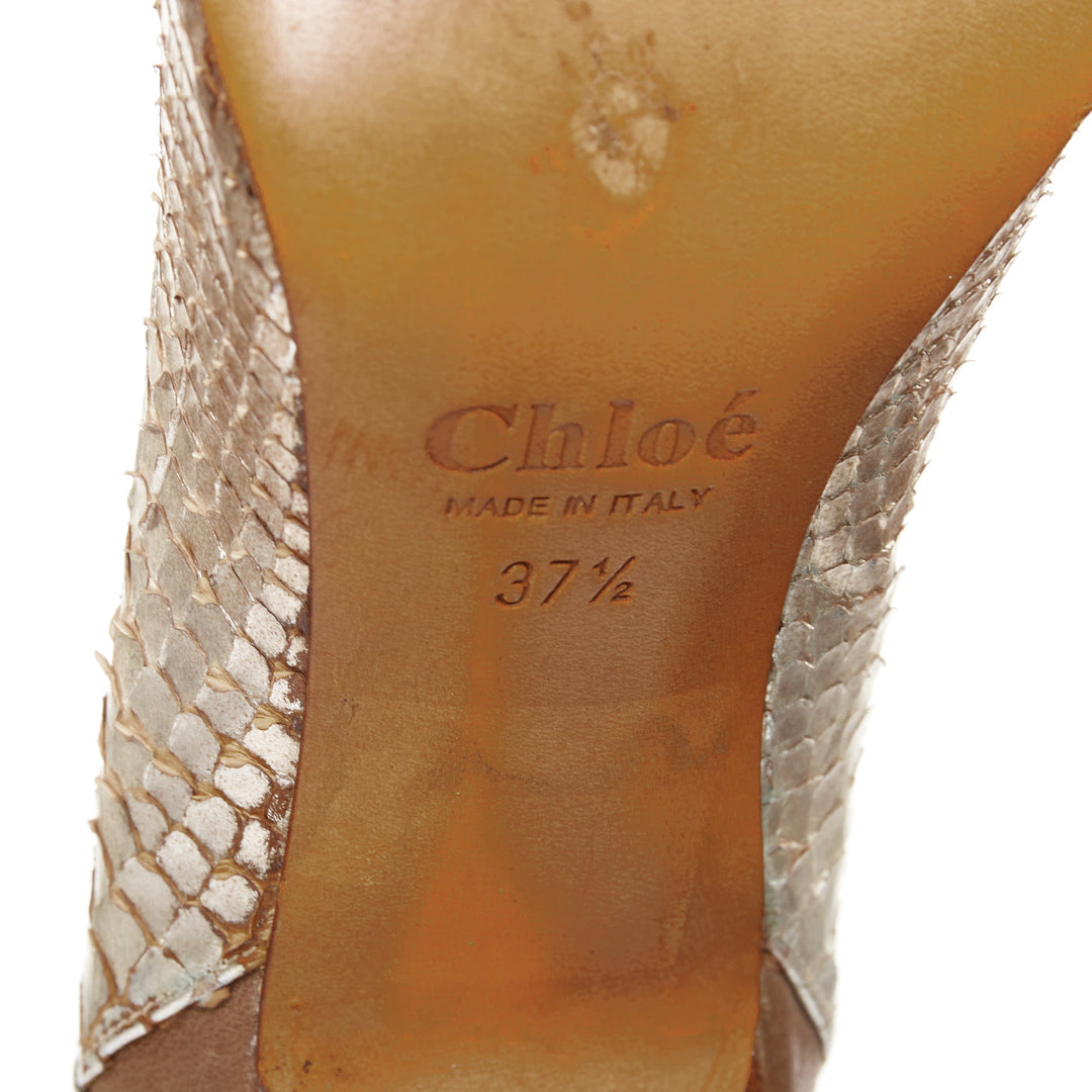 CHLOE Vintage silver metallic scaled leather brown trim pointy pumps EU37.5