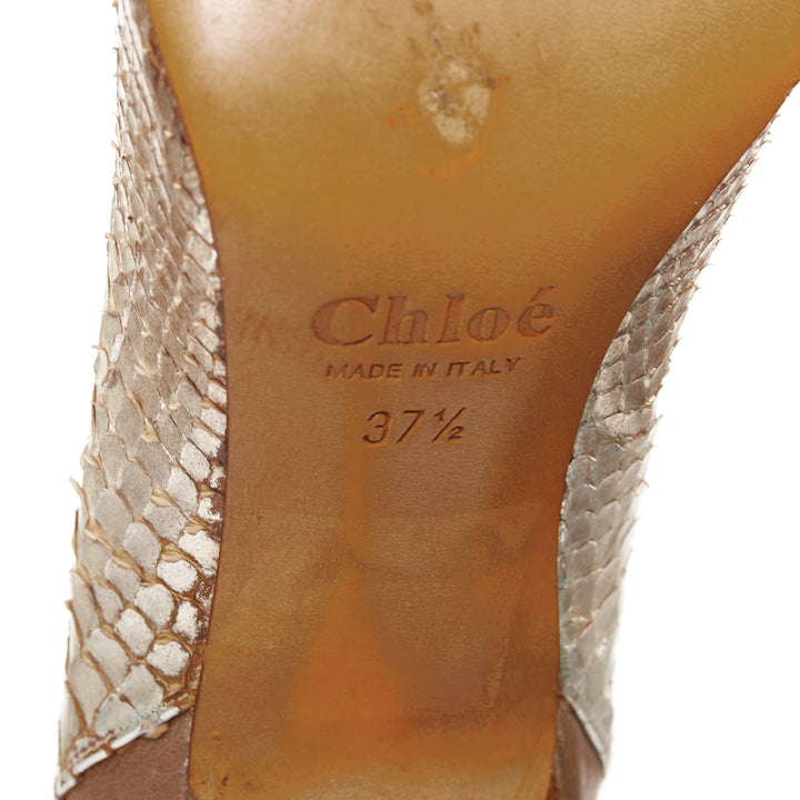 CHLOE Vintage silver metallic scaled leather brown trim pointy pumps EU37.5