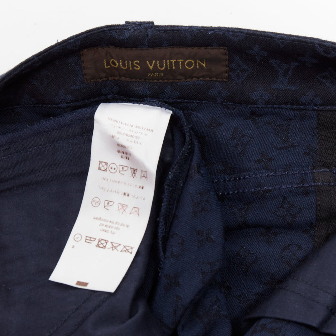 LOUIS VUITTON dark blue LV monogram black leather trim skinny jeans FR34 XS