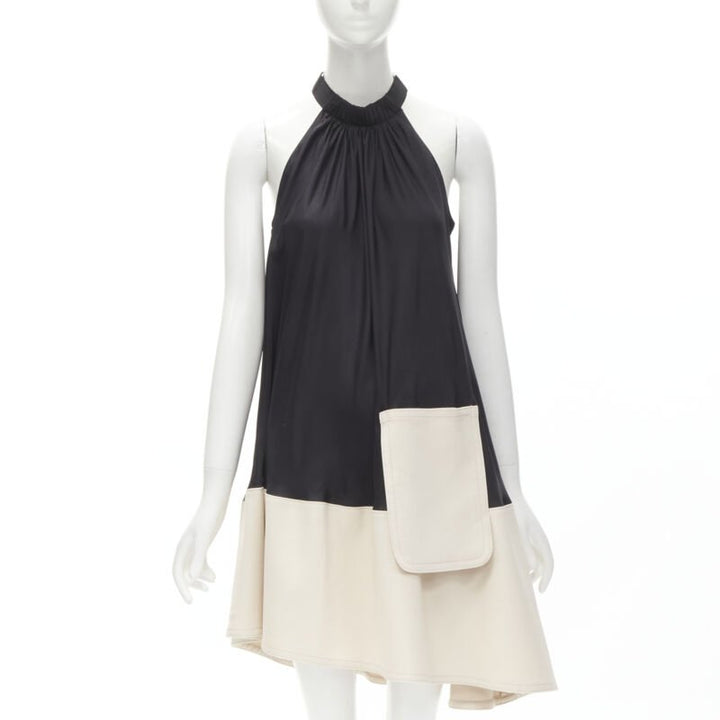 TIBI black beige polyester patch pocket buckle halter A-line dress US2 S