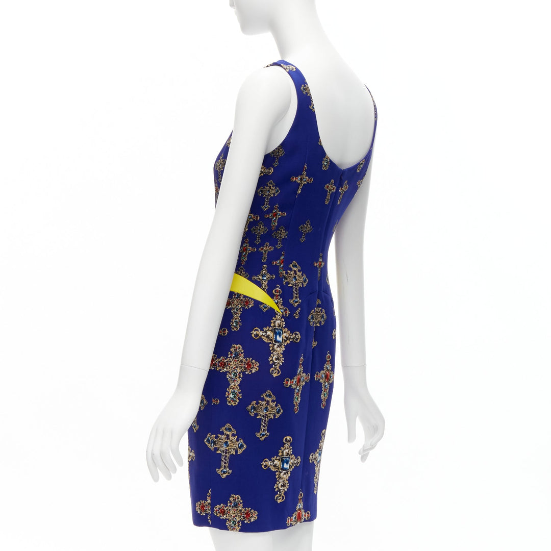 VERSACE 2012 royal blue Byzantine Cross print yellow leather waist shift dress