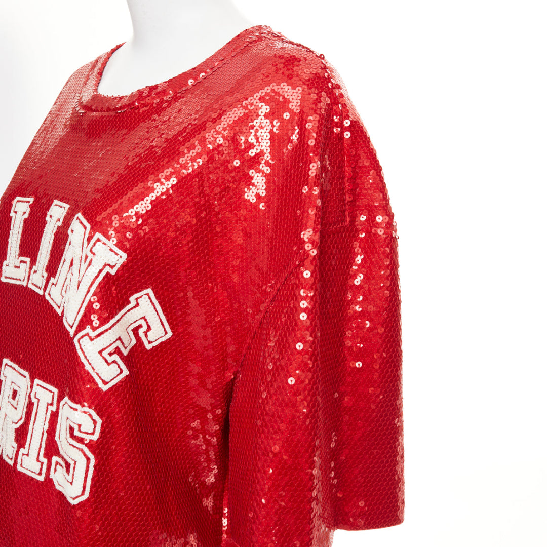 CELINE 2021 Runway red white sequin varsity logo oversized jersey tshirt S