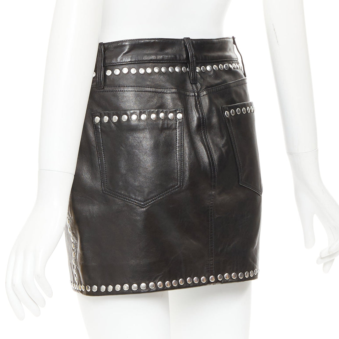 FRAME black lambskin leather silver studded high waist mini skirt 25"