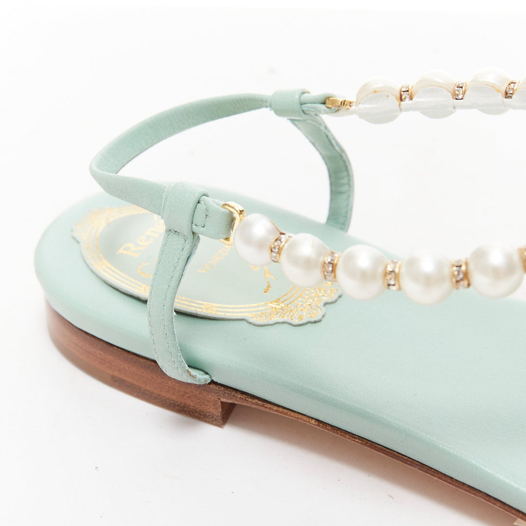 RENE CAOVILLA teal leather bow crystal pearl tstrap flat sandals EU37
