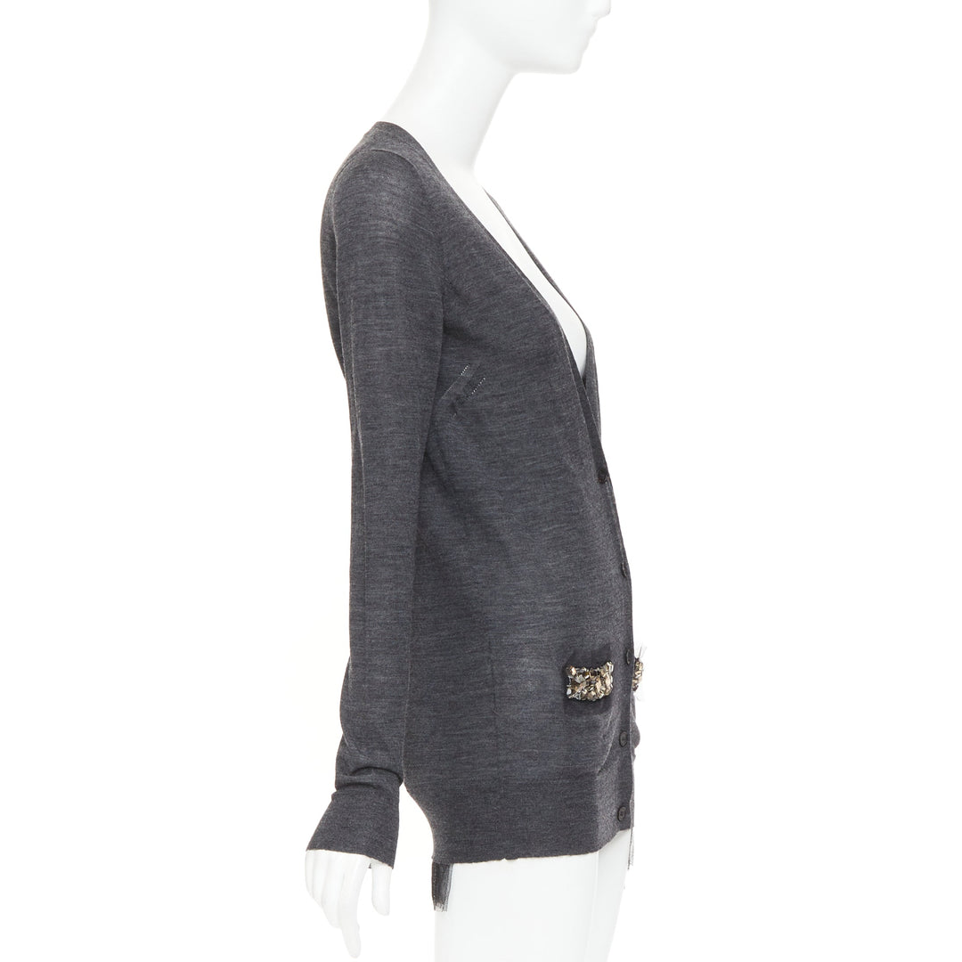 VERA WANG grey wool black tulle lined crystal embellished cardigan sweater