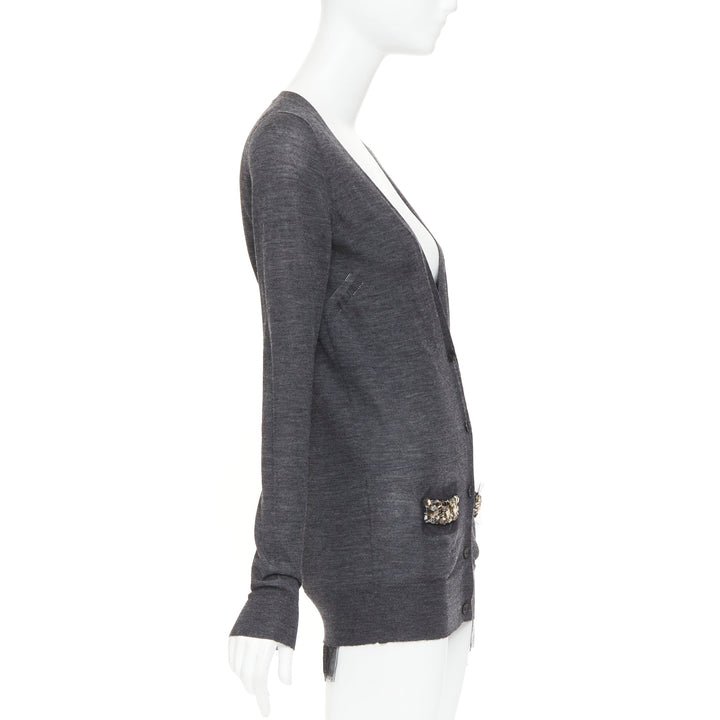 VERA WANG grey wool black tulle lined crystal embellished cardigan sweater