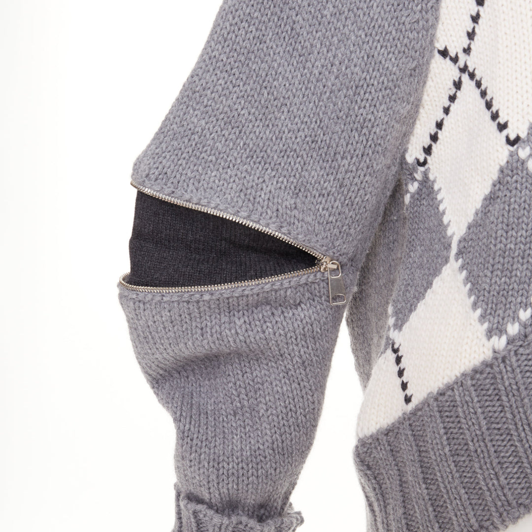 ALEXANDER MCQUEEN 2017 grey wool argyle intarsia zipper trim high low sweater S