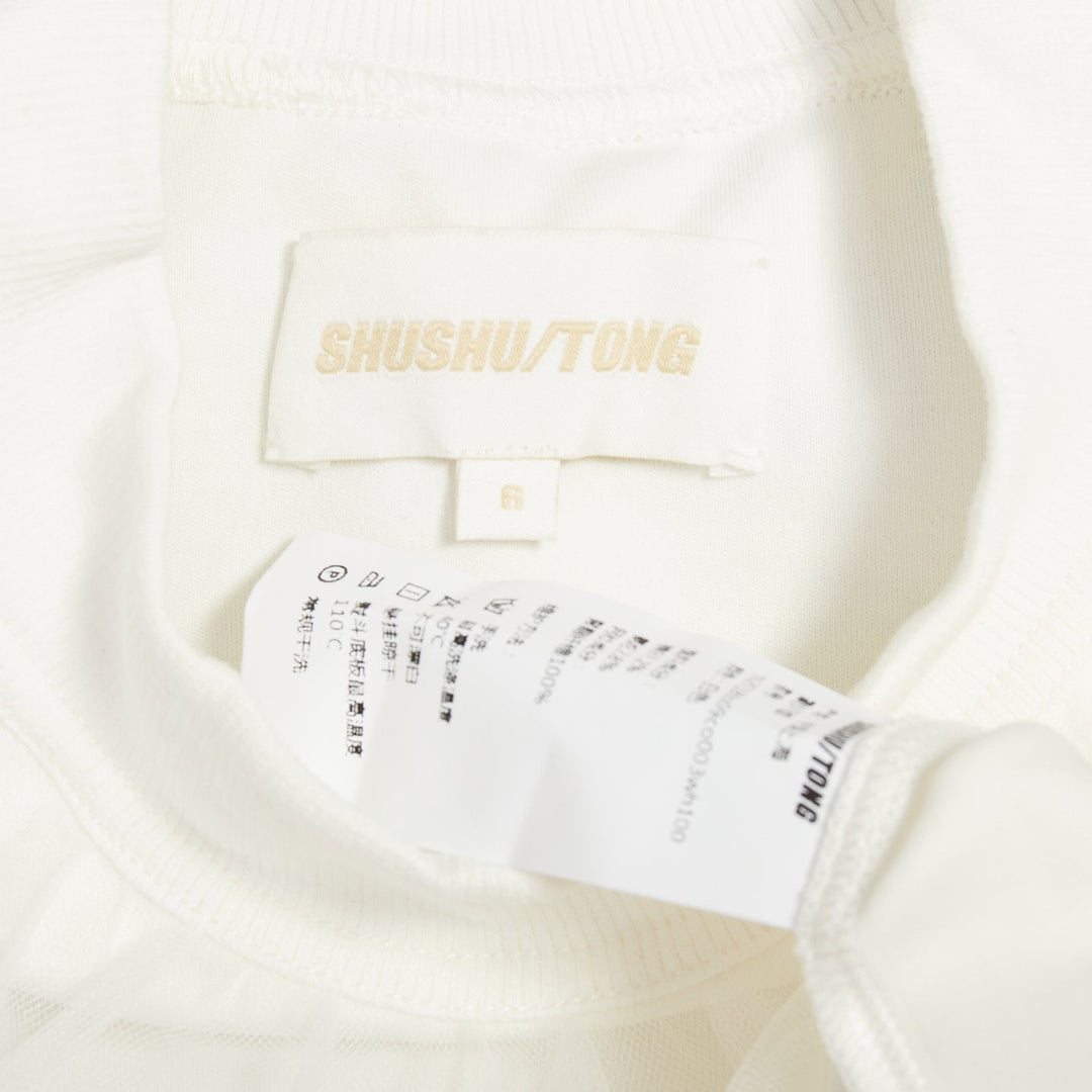 SHUSHU TONG Tulle white cream mesh overlay crew neck short sleeve tshirt UK6 XS