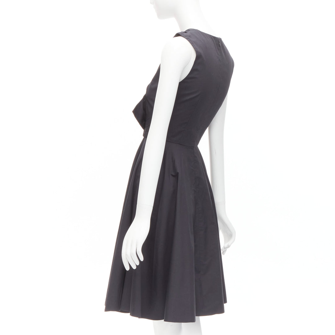 PRABAL GURUNG black cotton bow detail high waist fit flared dress US0 XS
