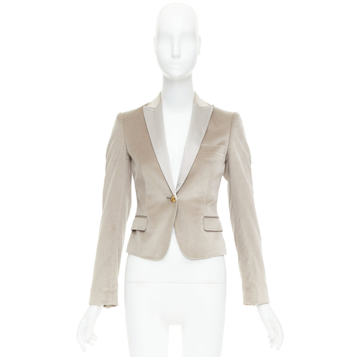 DOLCE GABBANA beige velvet satin peak lapel cropped tux blazer IT36 XXS