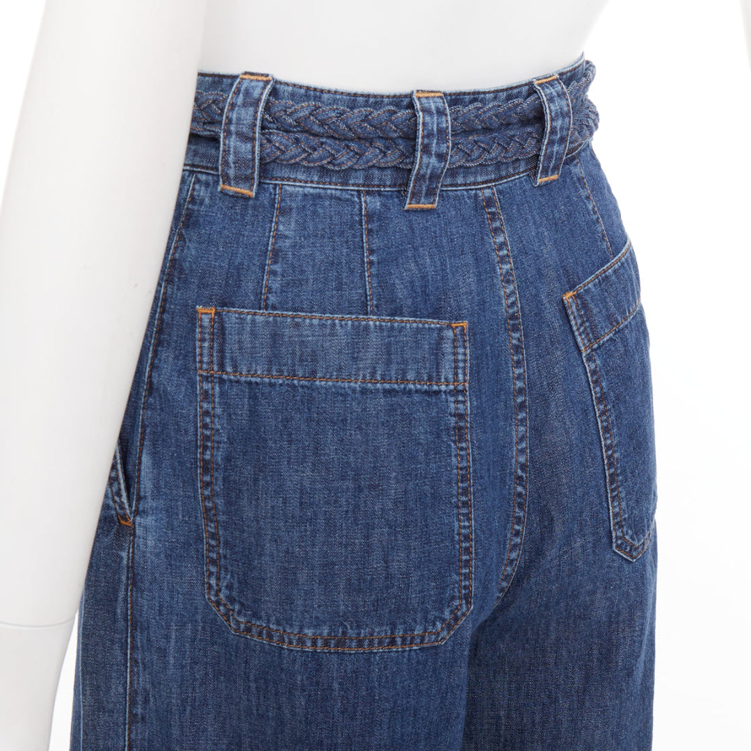 CHRISTIAN DIOR blue washed cotton braided wrap tie belt wide jeans FR34 XS