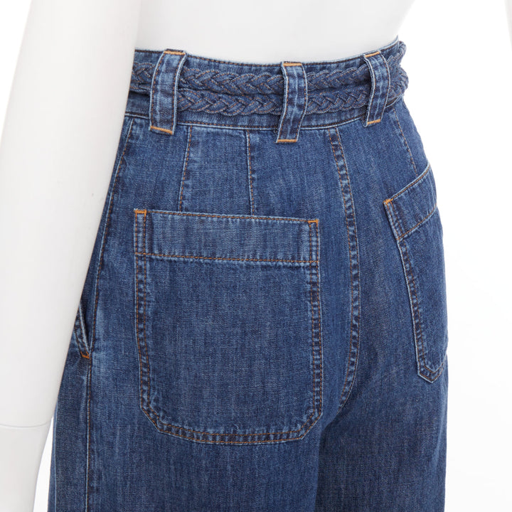 CHRISTIAN DIOR blue washed cotton braided wrap tie belt wide jeans FR34 XS