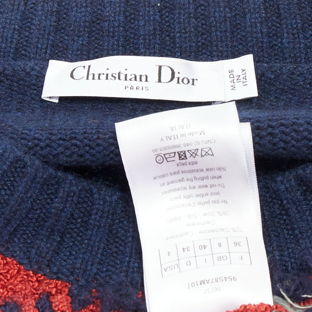 DIOR navy red plaid tartan cashmere silk fringe hem sweater FR36 S