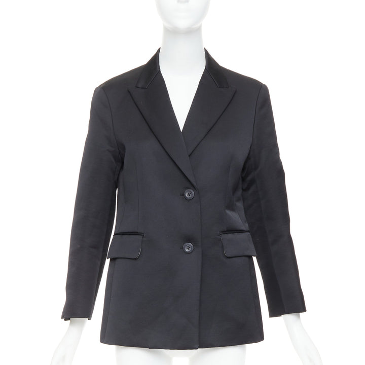 BACCA black satin cropped sleeves single breasted boxy tuxedo blazer