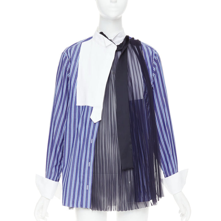 SACAI 2021 blue striped cotton bib collar sheer panel deconstructed shirt JP1 S