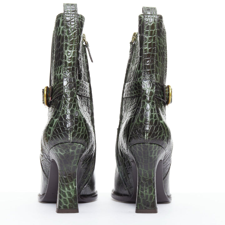 SIES MARJAN 2025 Naomy green croco embossed leather gold buckle ankle boots EU39