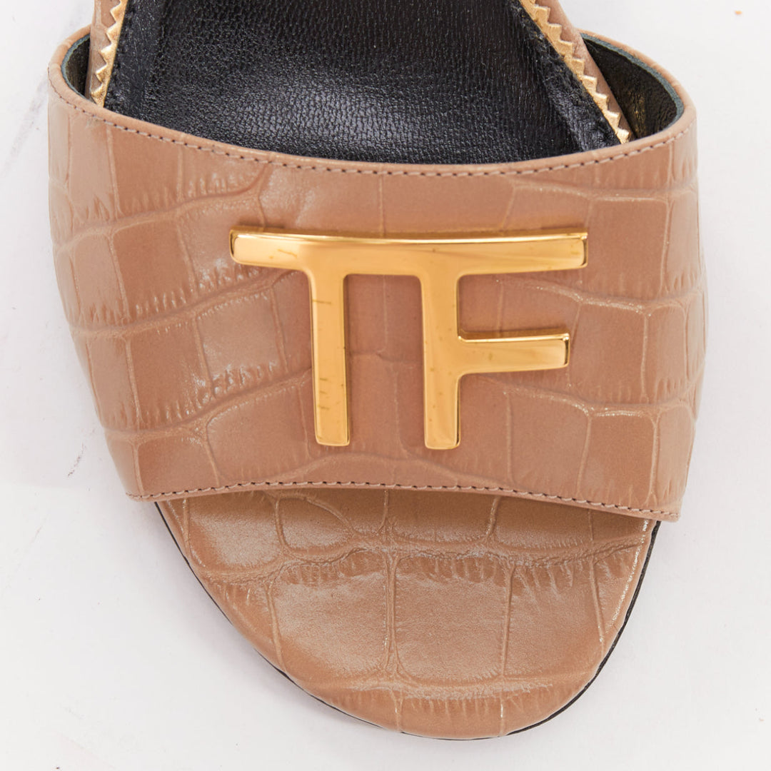 TOM FORD taupe croc embossed calfskin gold TF logo kitten heel sandal EU36