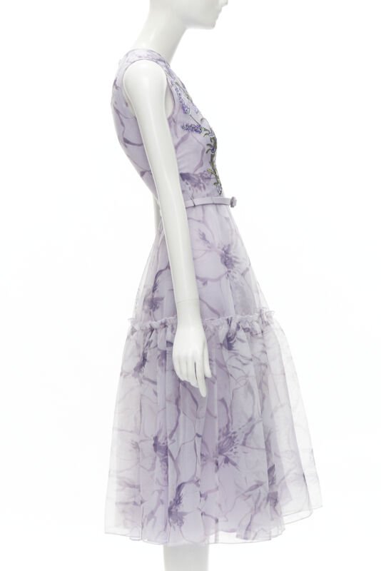 COSTARELLOS lilac purple lavender embroidery belted midi dress FR34 XS