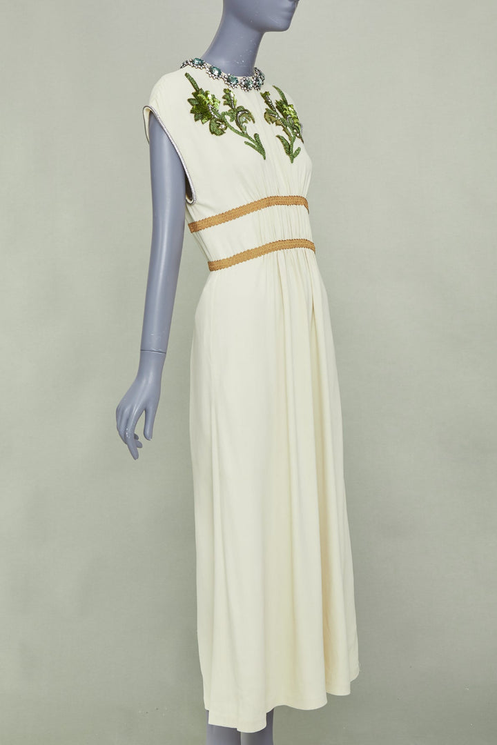 GUCCI 2019 beige crystal floral embroidered jersey empire waist gown S