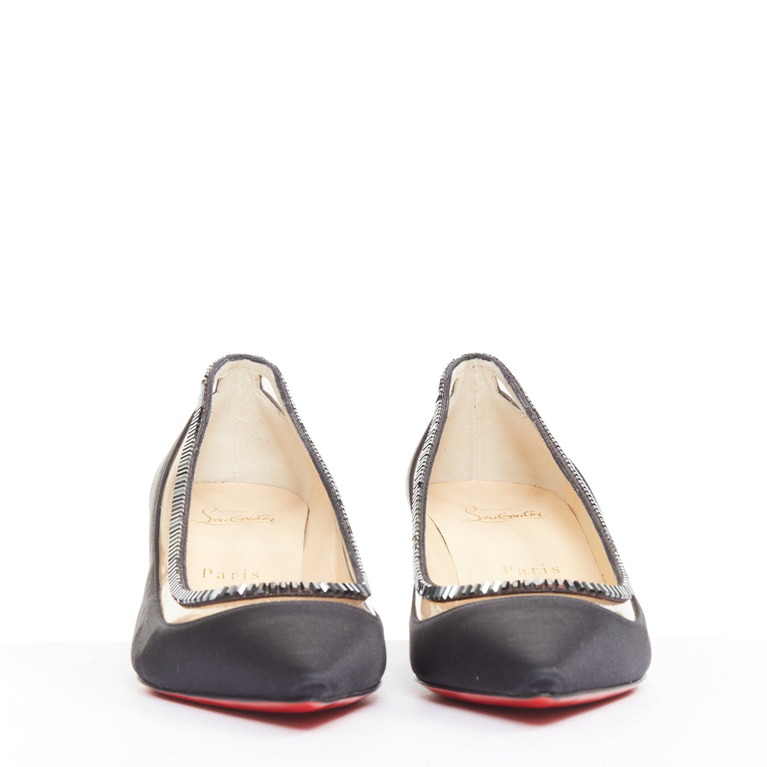 CHRISTIAN LOUBOUTIN Paulina Strass 45 black satin baguette crystal kitten EU37.5