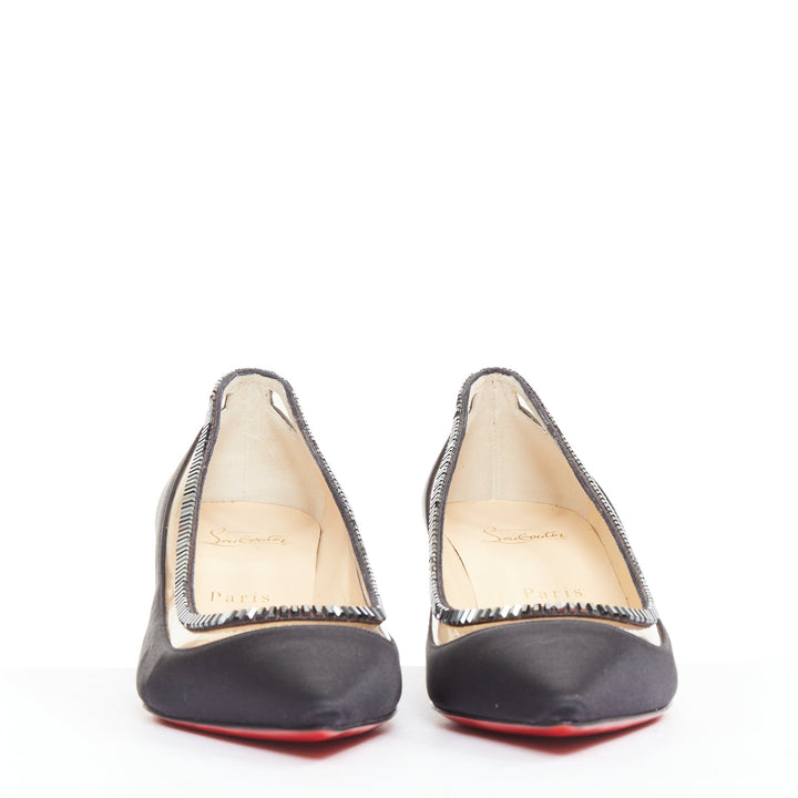CHRISTIAN LOUBOUTIN Paulina Strass 45 black satin baguette crystal kitten EU37.5