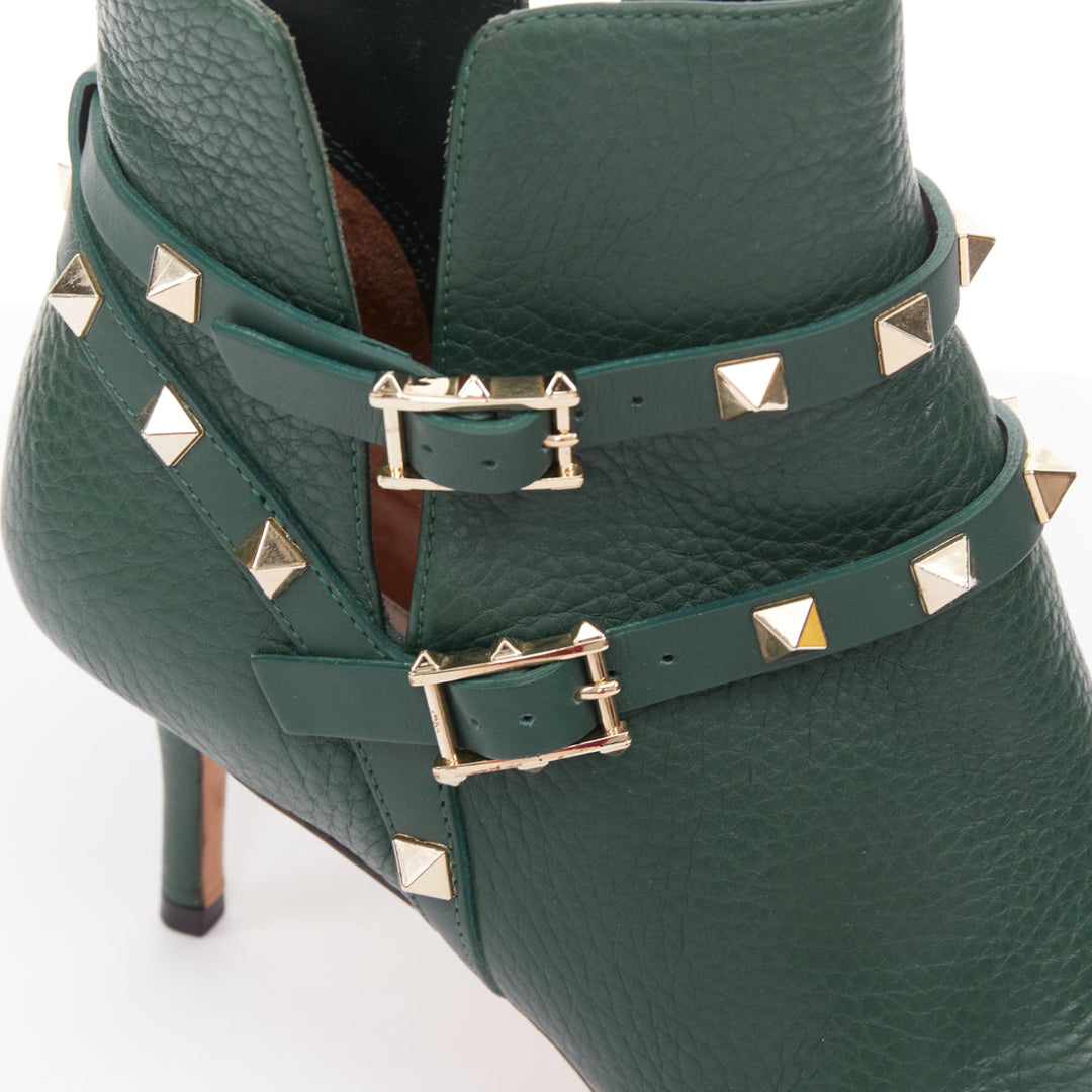 VALENTINO Rockstud green pebbled calf leather gold stud harness ankle boots EU37