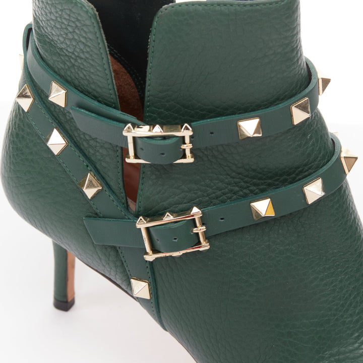 VALENTINO Rockstud green pebbled calf leather gold stud harness ankle boots EU37