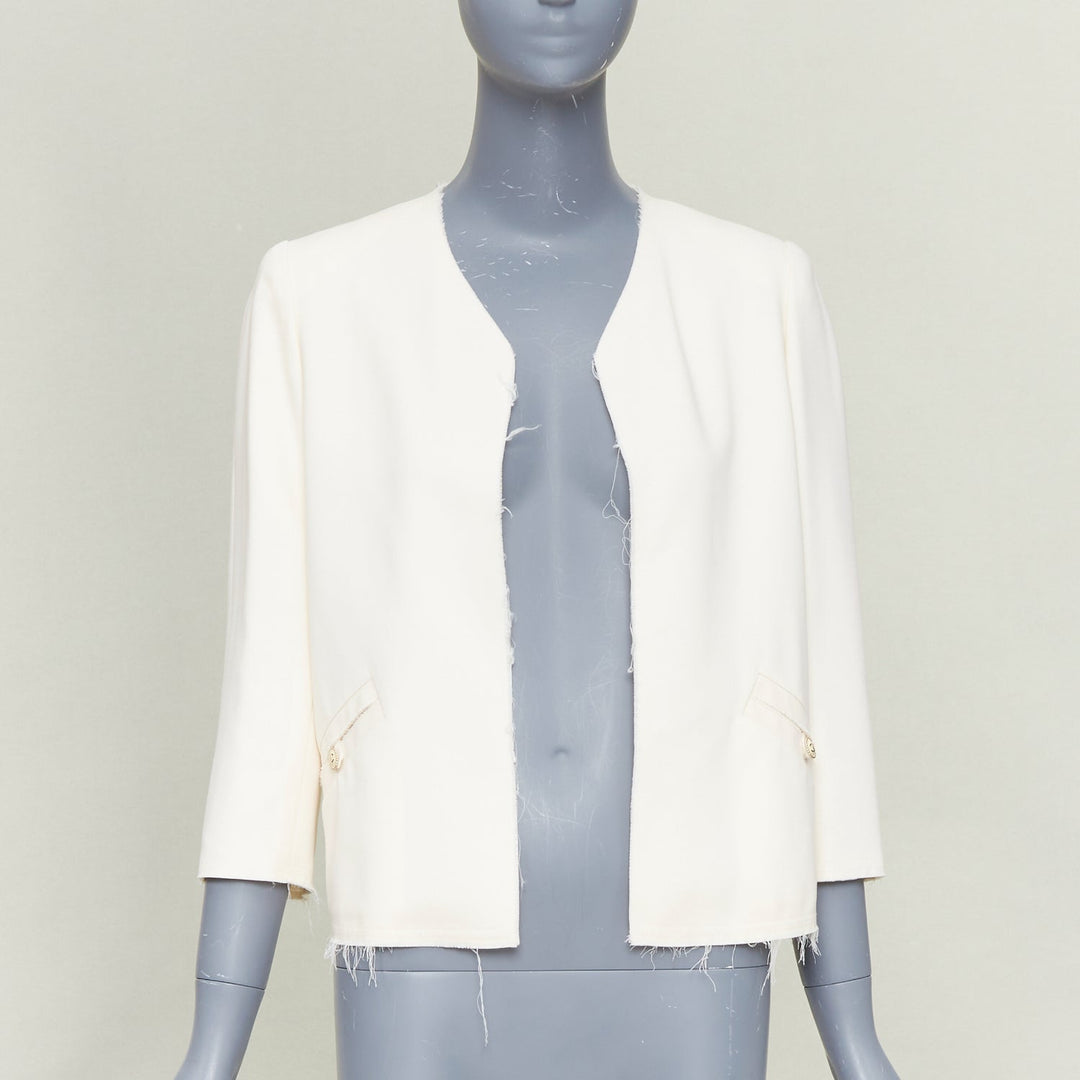 CHANEL 2007 frayed raw trim ecru wool collarless evening blazer jacket FR36 S