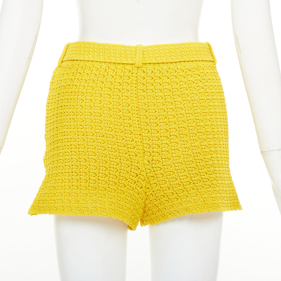 CHANEL 25C Runway yellow textured openwork knit belted shorts FR34 XS