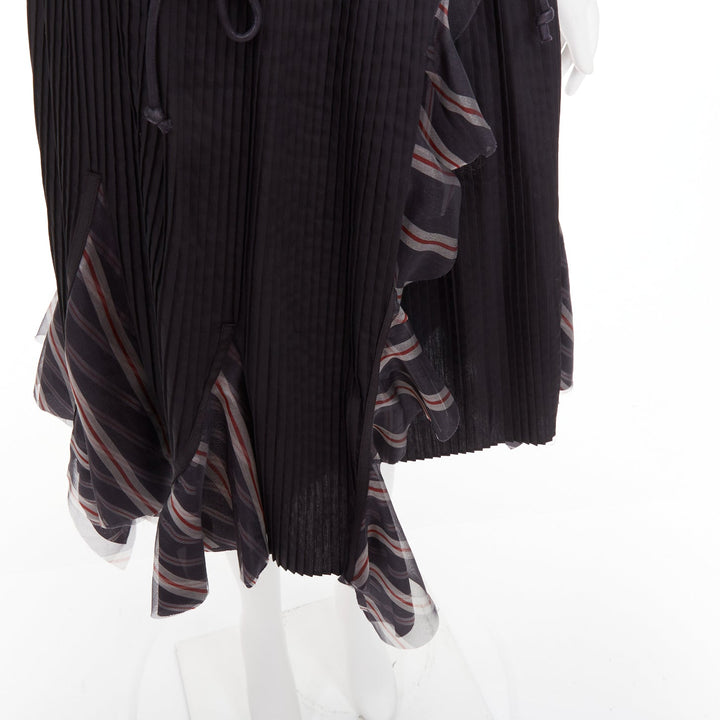 SACAI 2017 black plisse cowhide trim striped flare wrap knee skirt JP1 S
