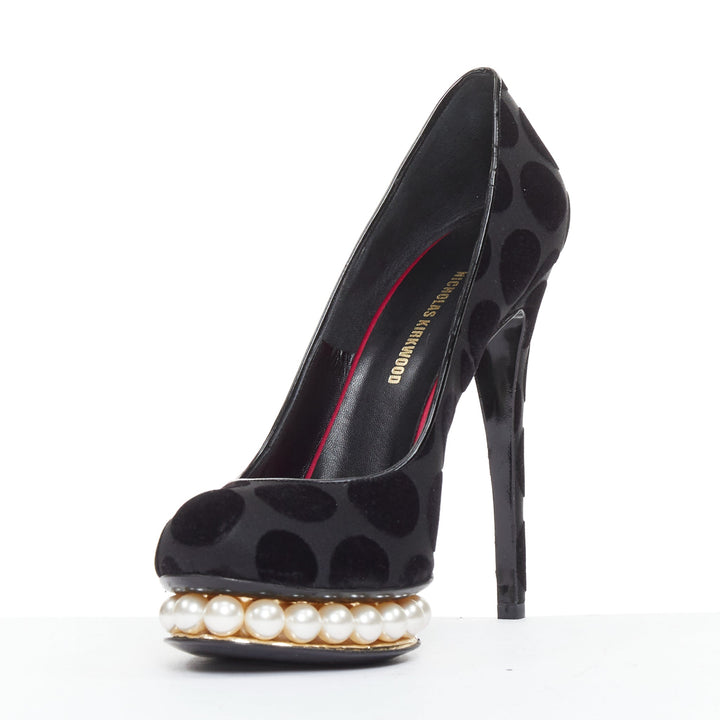 NICHOLAS KIRKWOOD Casati black velvet polka dot pearl platform pumps EU37.5