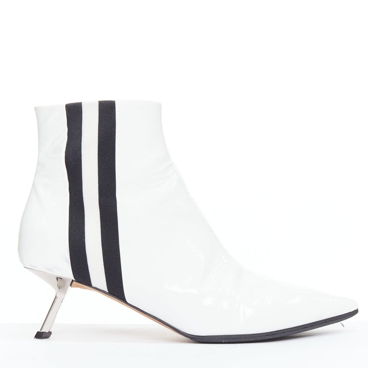 ALCHIMIA DI BALLIN side striped white patent leather silver kitten booties EU38.5