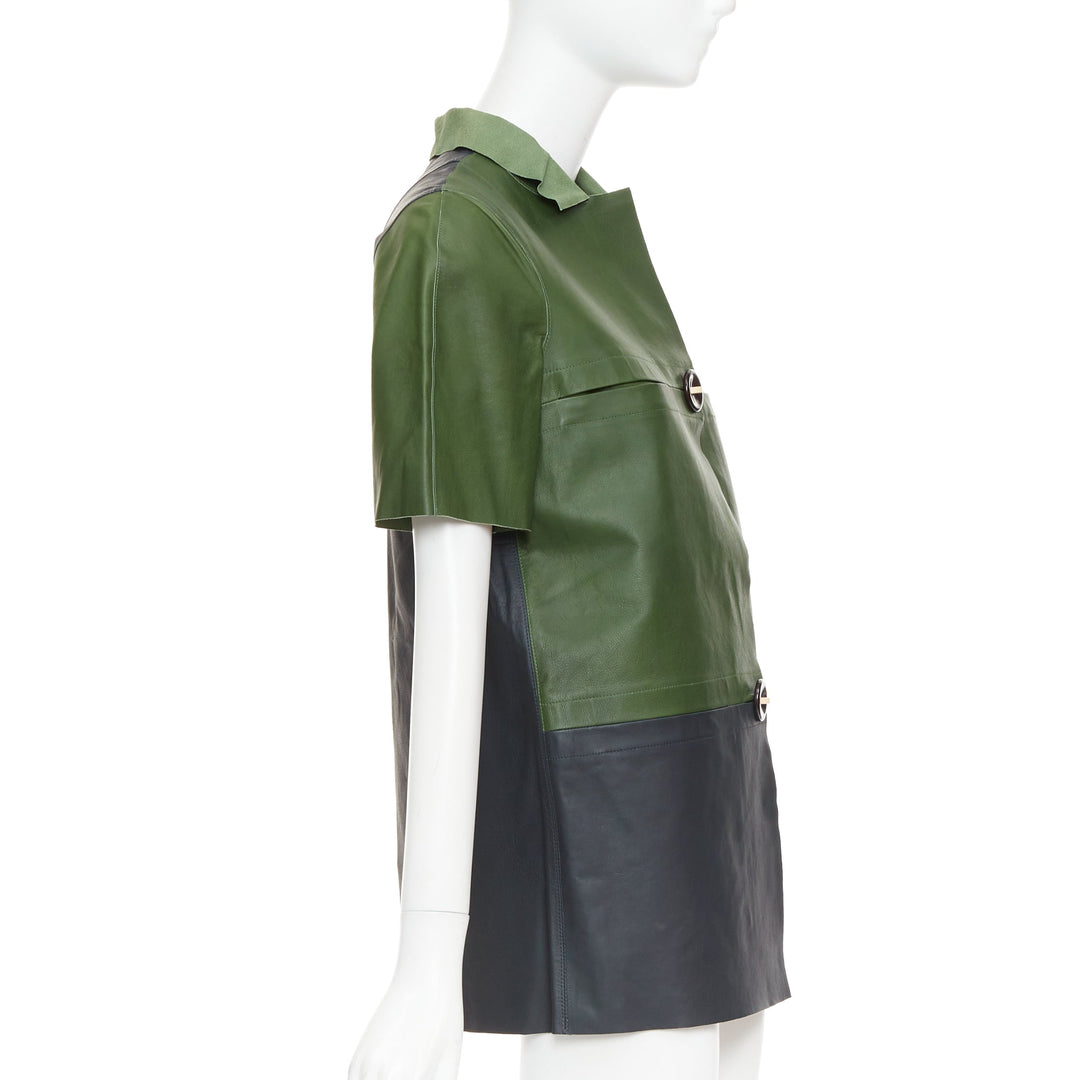 MARNI 2012 green navy calf leather geometric buttons round sleeve coat IT38 XS