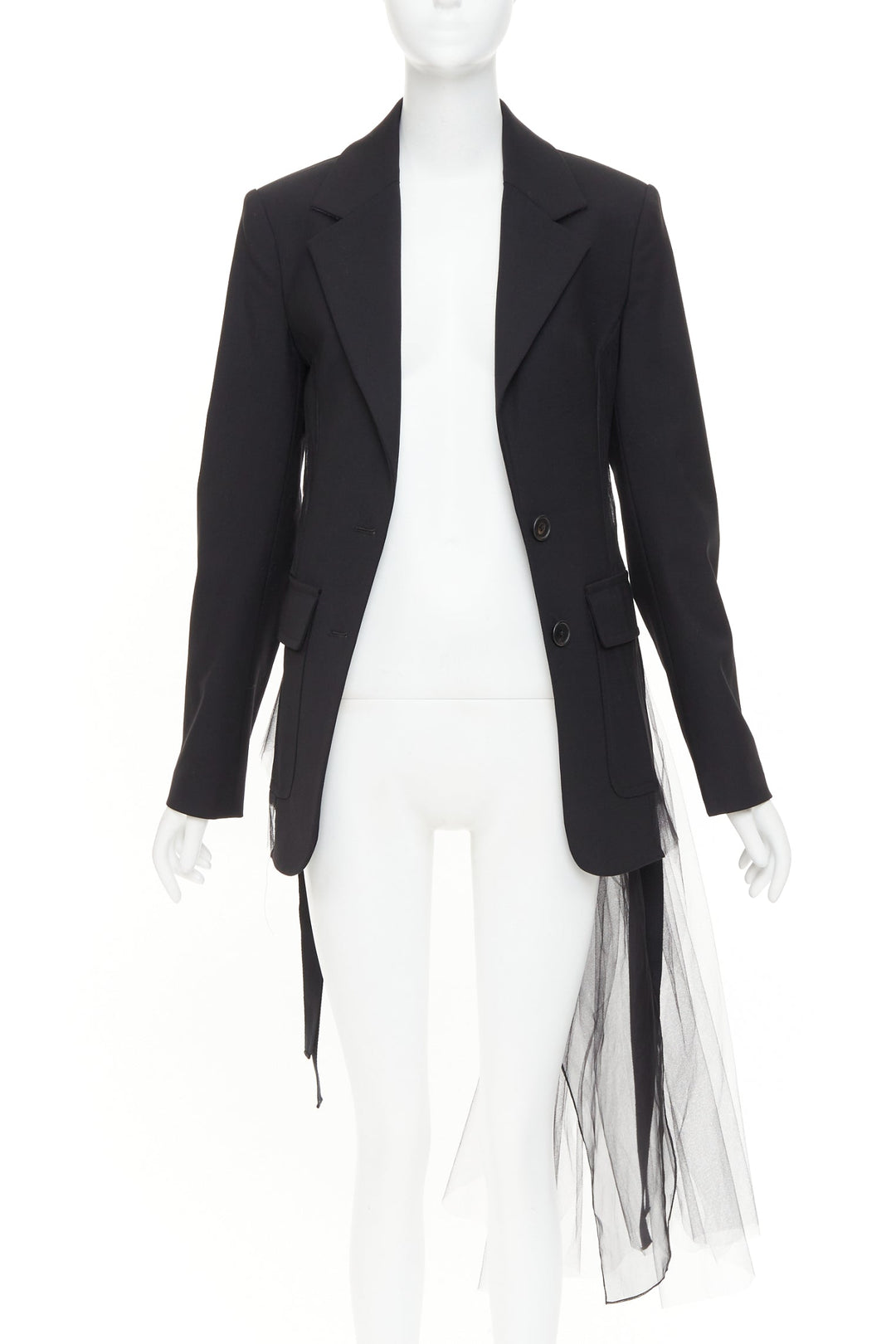 MONSE black virgin wool sheer tulle asymmetric back hybrid blazer jacket US0 XS