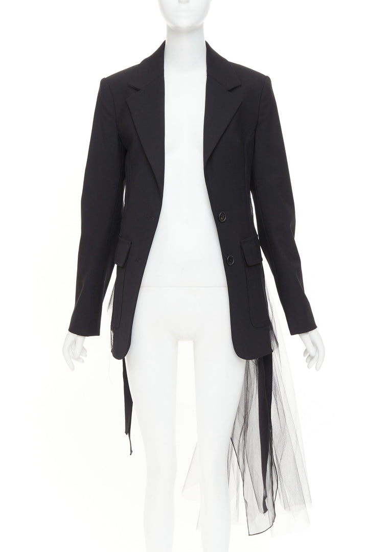 MONSE black virgin wool sheer tulle asymmetric back hybrid blazer jacket US0 XS