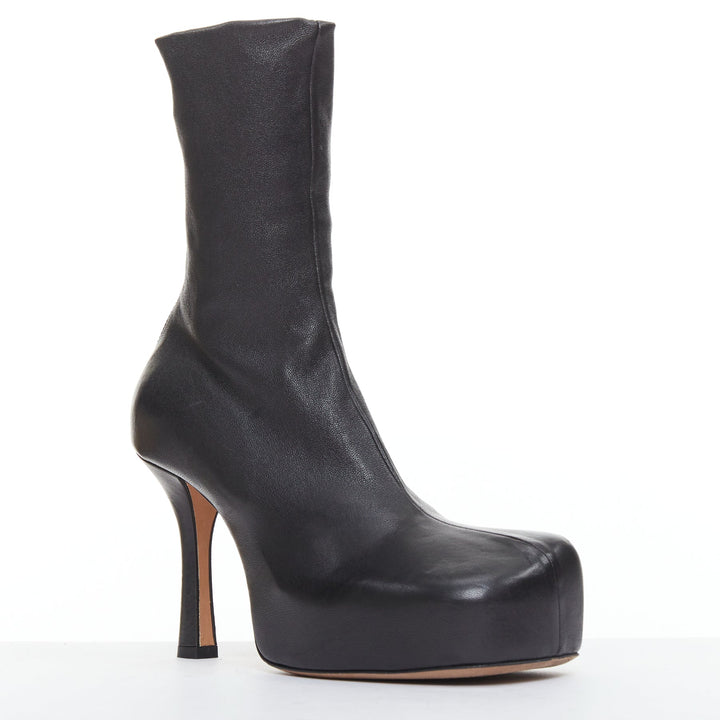 BOTTEGA VENETA Lido black smooth leather spool heeled platform ankle boots EU35